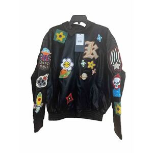 NWT Kloud9 Faux Leather Jacket Black Size Large 3D Embroidery Patches